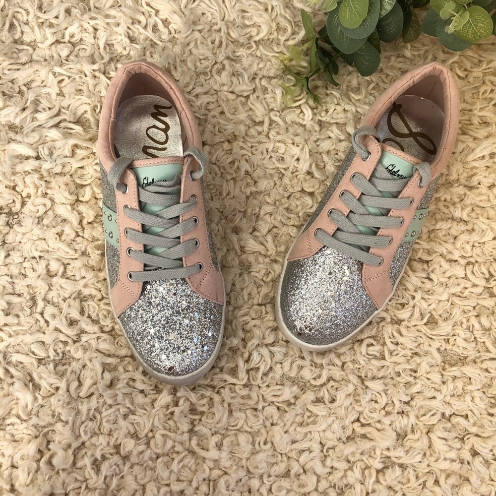 Sam Edelman Pastel Silver Glitter Sneakers Girls 5 Women’s 7 NWOT